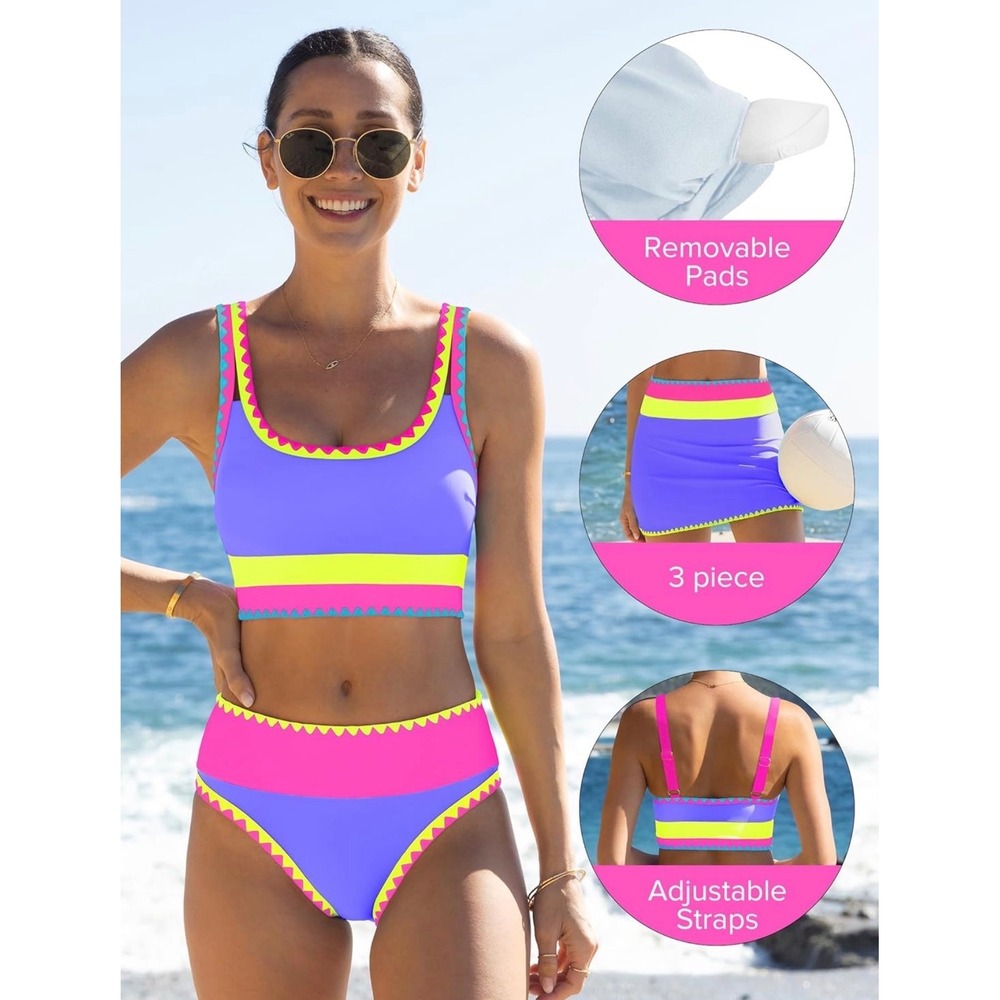 NWT Popvil 3 Piece High Waisted Bikini Set Neon Purple Pink Yellow Skirt Large - Picture 3 of 6